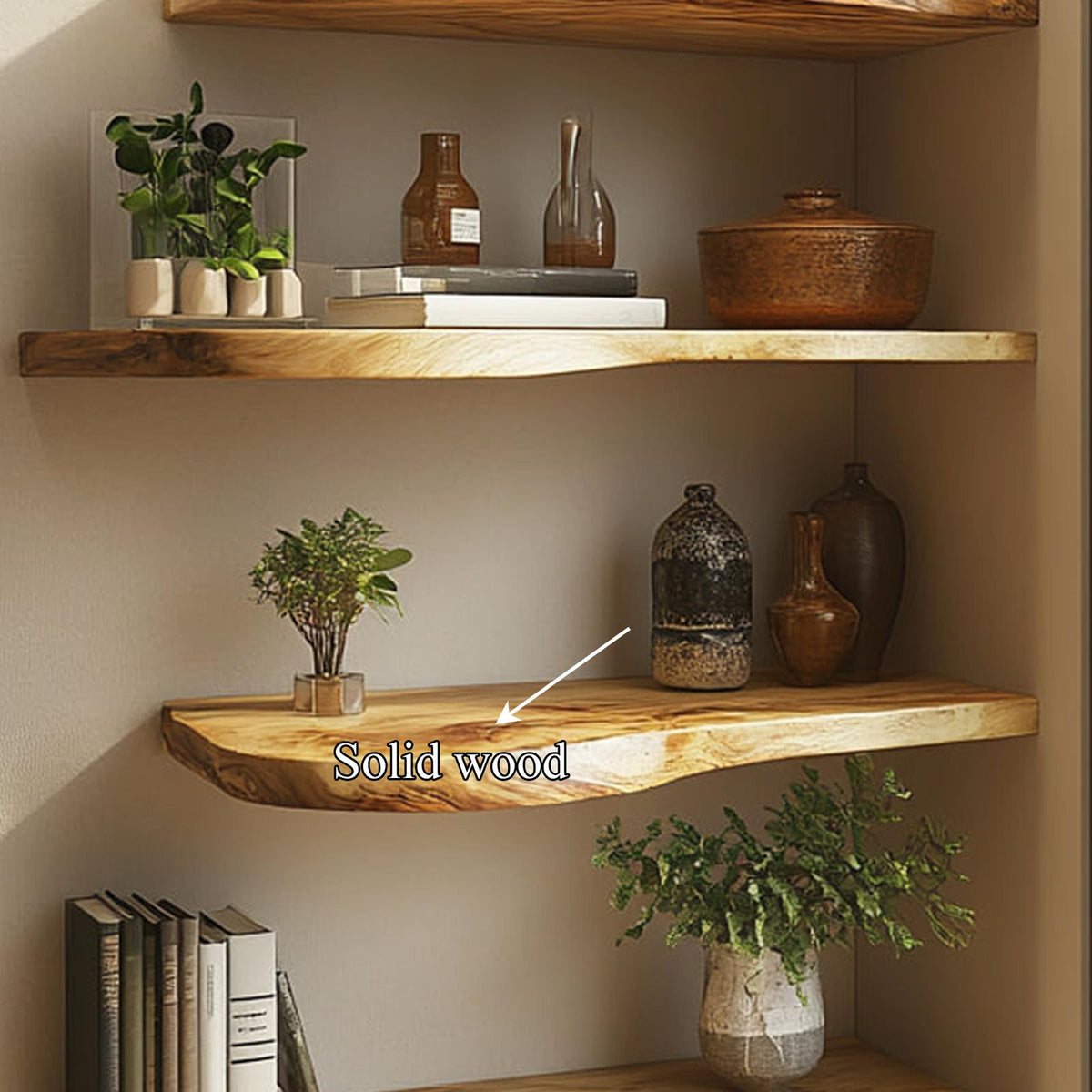 Rustic Live Edge Solid Wood Floating Display Shelf, Wall Mounted Decorative Organizer for Dining Room, Office, Living Room