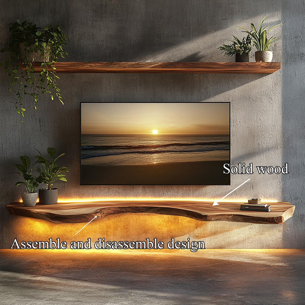Illuminated Solid Wood Floating TV Shelf Modern Living Room Interior