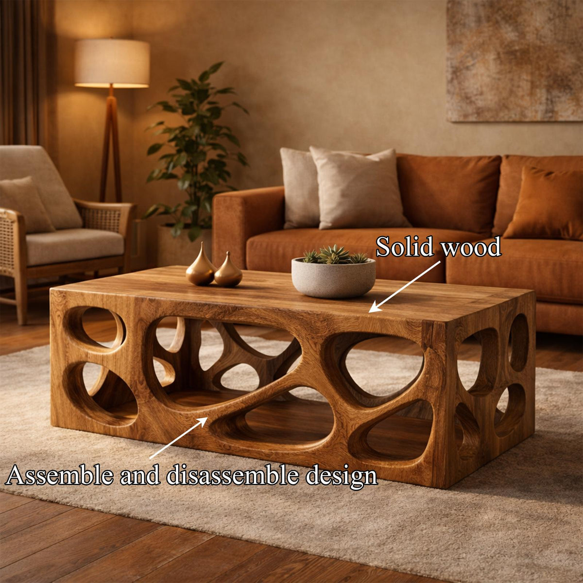 Architectural Carved Solid Wood Coffee Table Organic Void Design Statement Living Room Interior