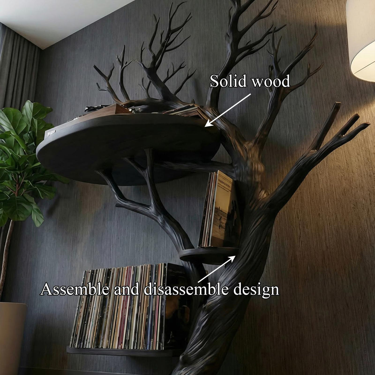 Rustic Tree Shaped Record Player Stand Shelf Living Room Decor