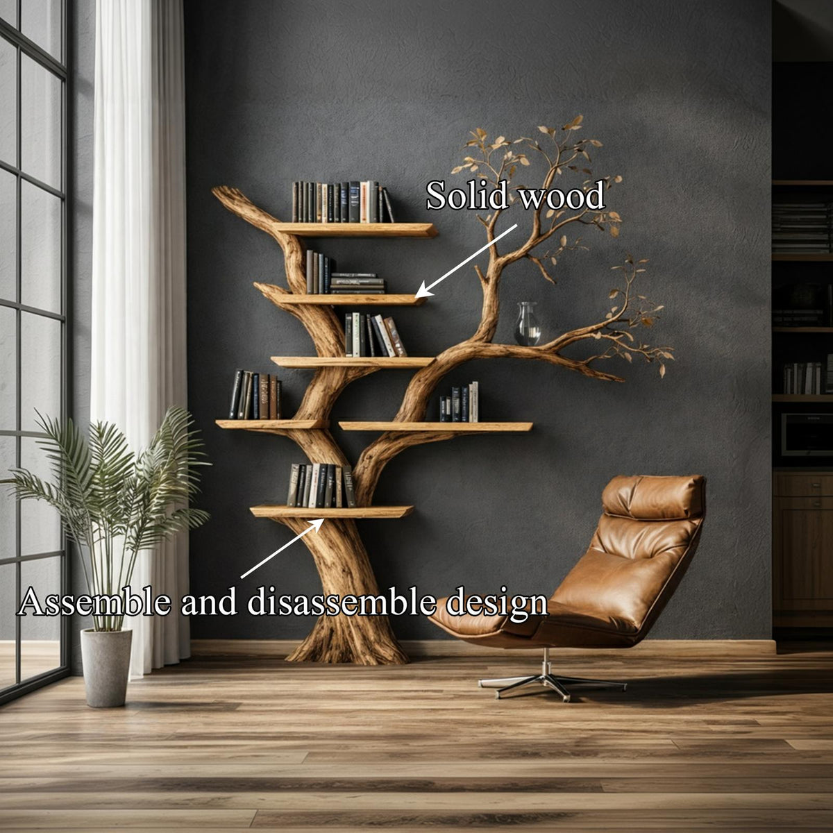Handcrafted Solid Wood Tree Bookshelf, Unique Sculptural Wall Mounted Floating Branch Bookcase Statement Piece