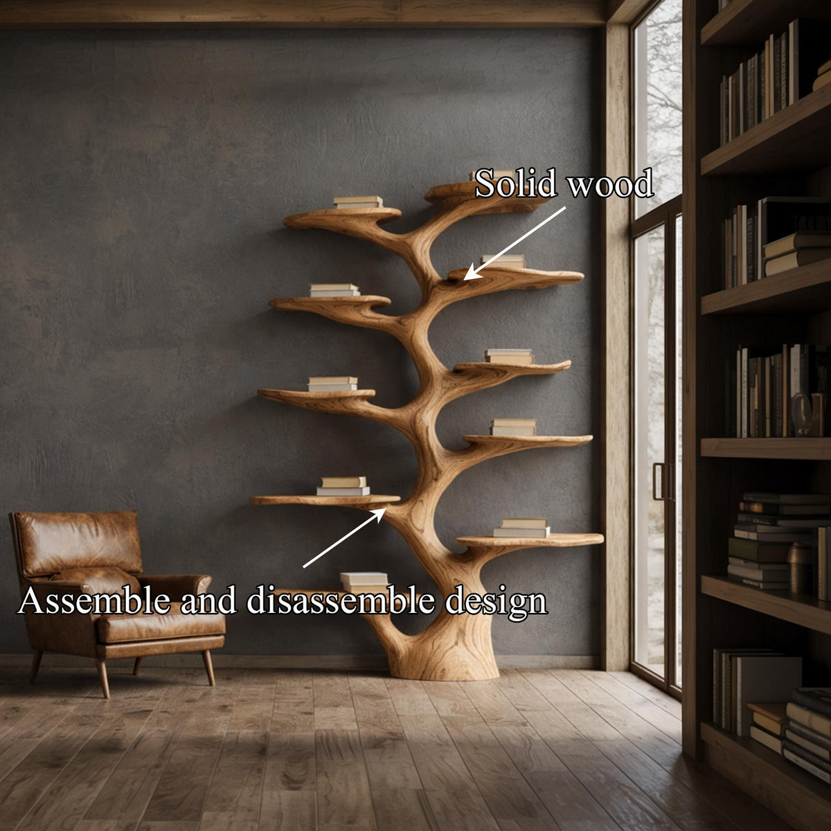 Rustic Solid Wood Tree Bookshelf, Handcrafted Vertical Wall Mounted Branch Display Bookcase for Living Room