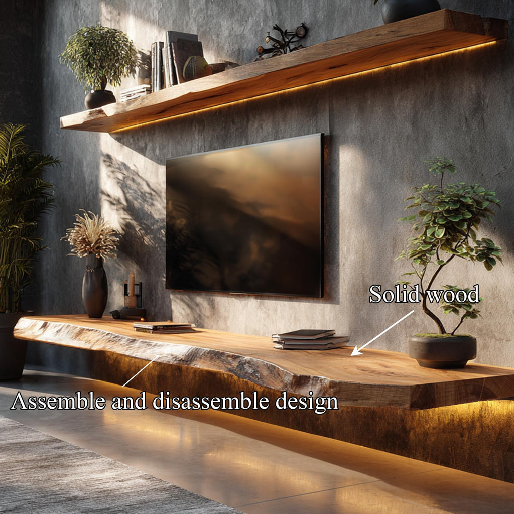 Handcrafted Live Edge Media Shelf Solid Wood Living Room Interior Architectural Feature