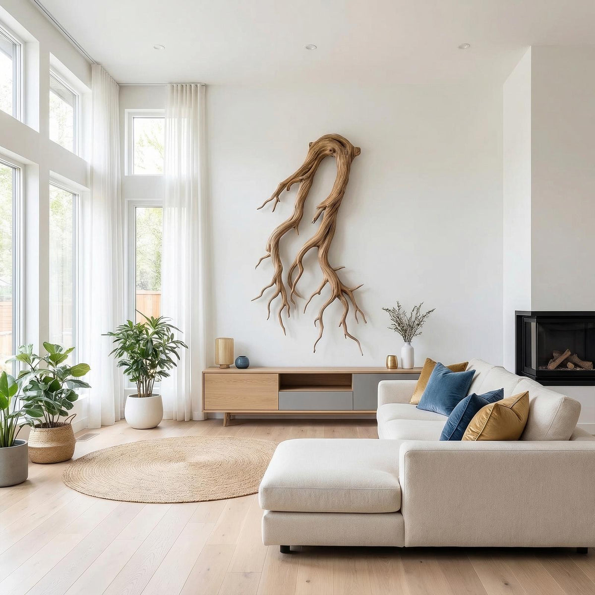 Rustic Root Wood Wall Sculpture, Handcrafted Natural Teak Hanging Art for Living Room & Entryway