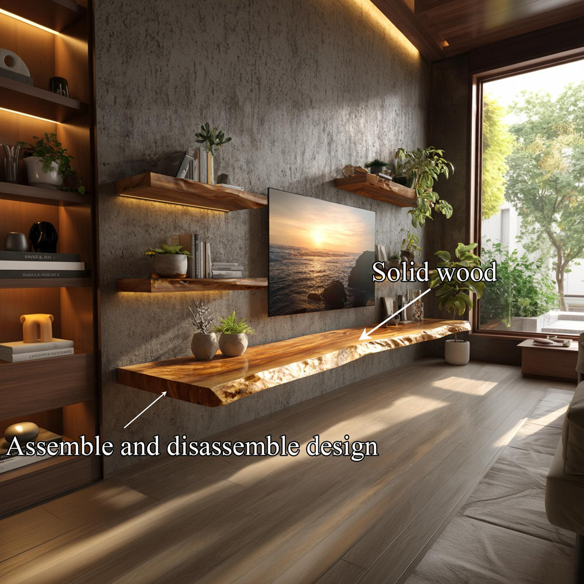 Rustic Artistic Live Edge Floating TV Shelf Solid Wood Living Room Interior Signature Furniture