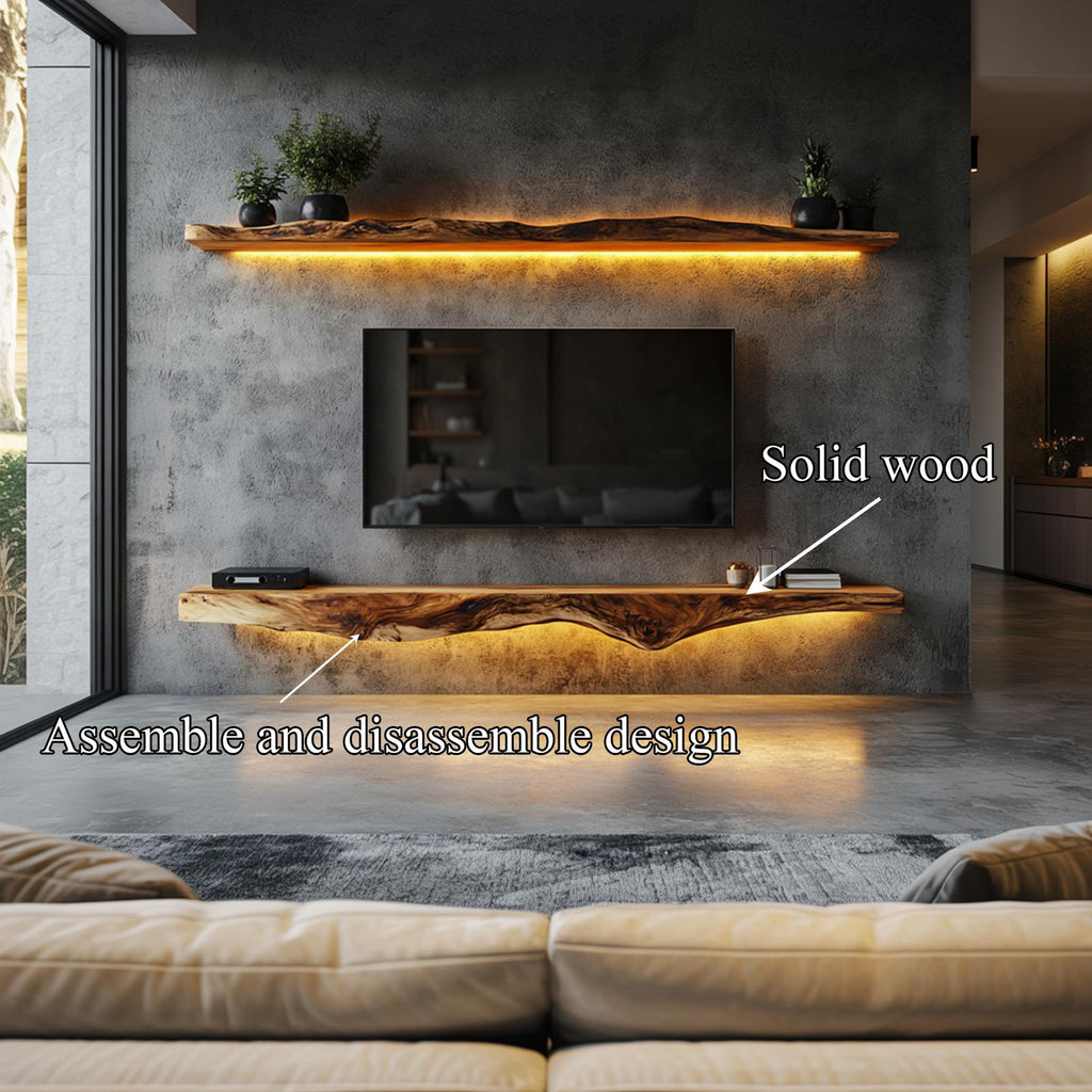 Rustic Artistic Live Edge Floating TV Shelf Solid Wood Living Room Interior Signature Furniture
