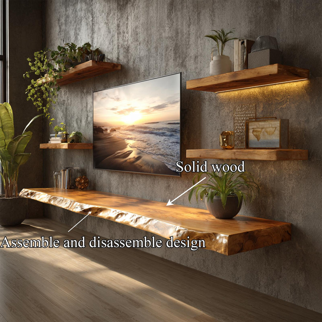 Rustic Organic Floating TV Shelf Solid Wood Living Room Interior Entertainment Display