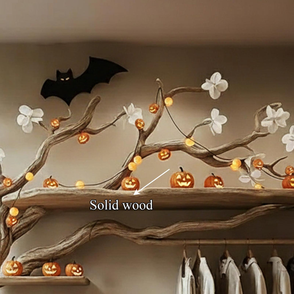 Mid-Century Wooden Tree Clothes Organizer Shelf, Rustic Tree-Shaped Coat & Hat Rack, Spooky Halloween Home Decor