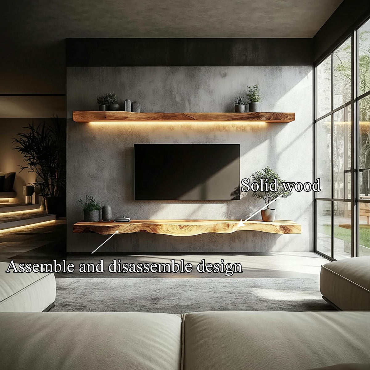 Rustic Sculptural Floating Shelf Solid Wood Living Room Interior Architectural Furniture
