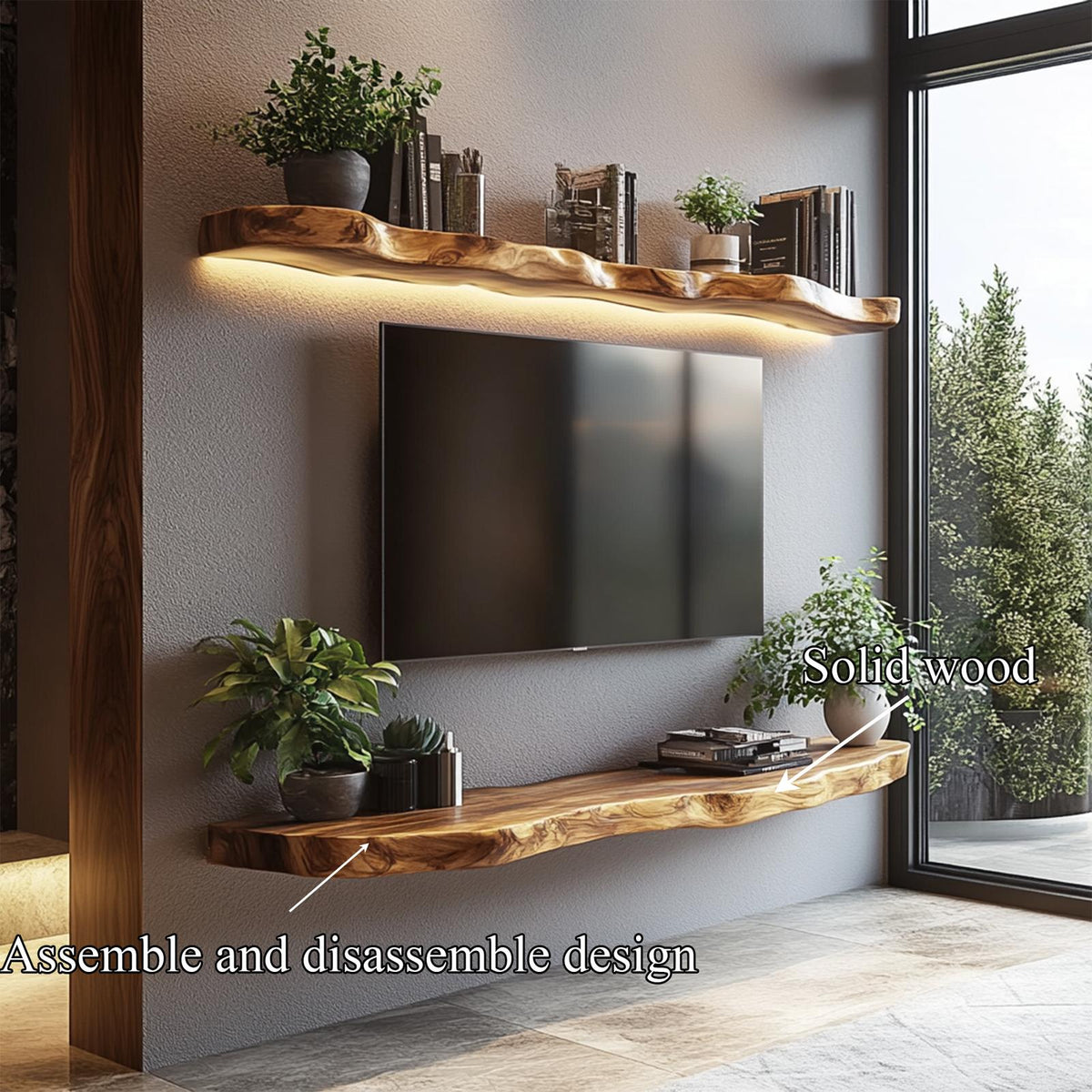Rustic Handcrafted Live Edge Media TV Shelf Solid Wood Living Room Interior Statement Decor