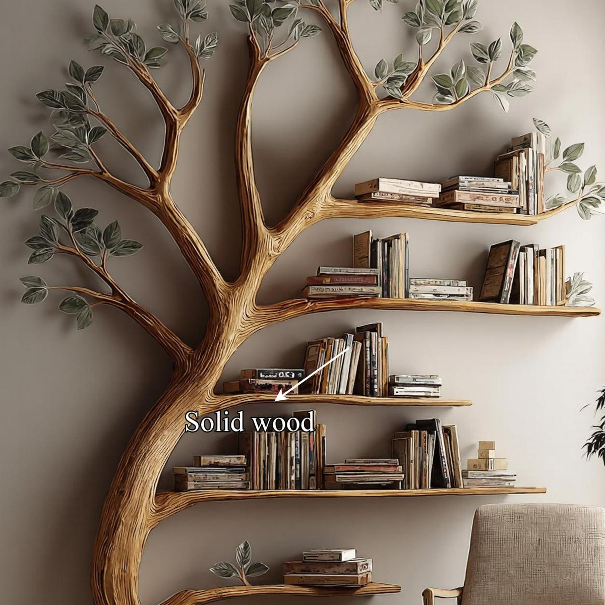 Rustic Branch Bookshelf, Handcrafted Solid Wood Wall Mounted Bookcase & Artistic Storage for Home Library, Living Room