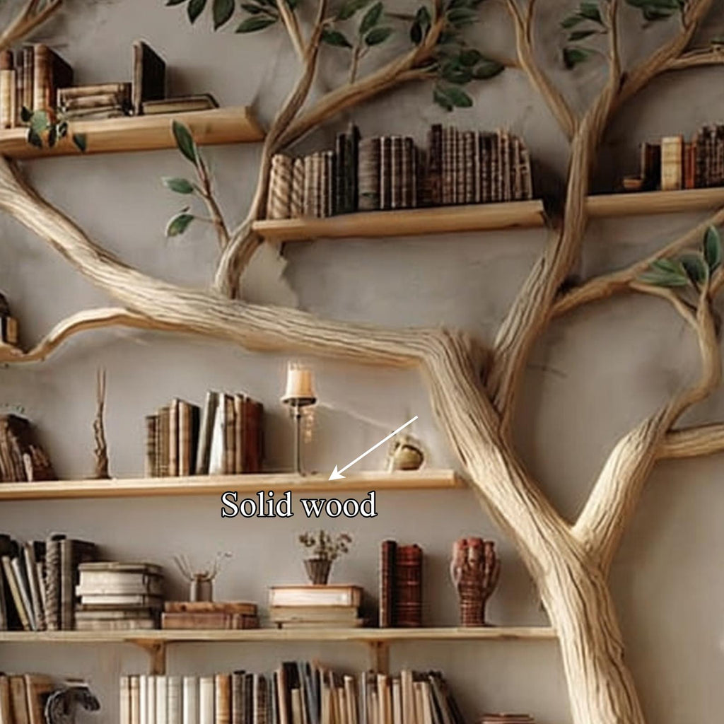 Rustic Tree Bookshelf, Handcrafted Solid Wood Wall Mounted Bookcase & Modern Organizer for Study Room & Living Room Decor