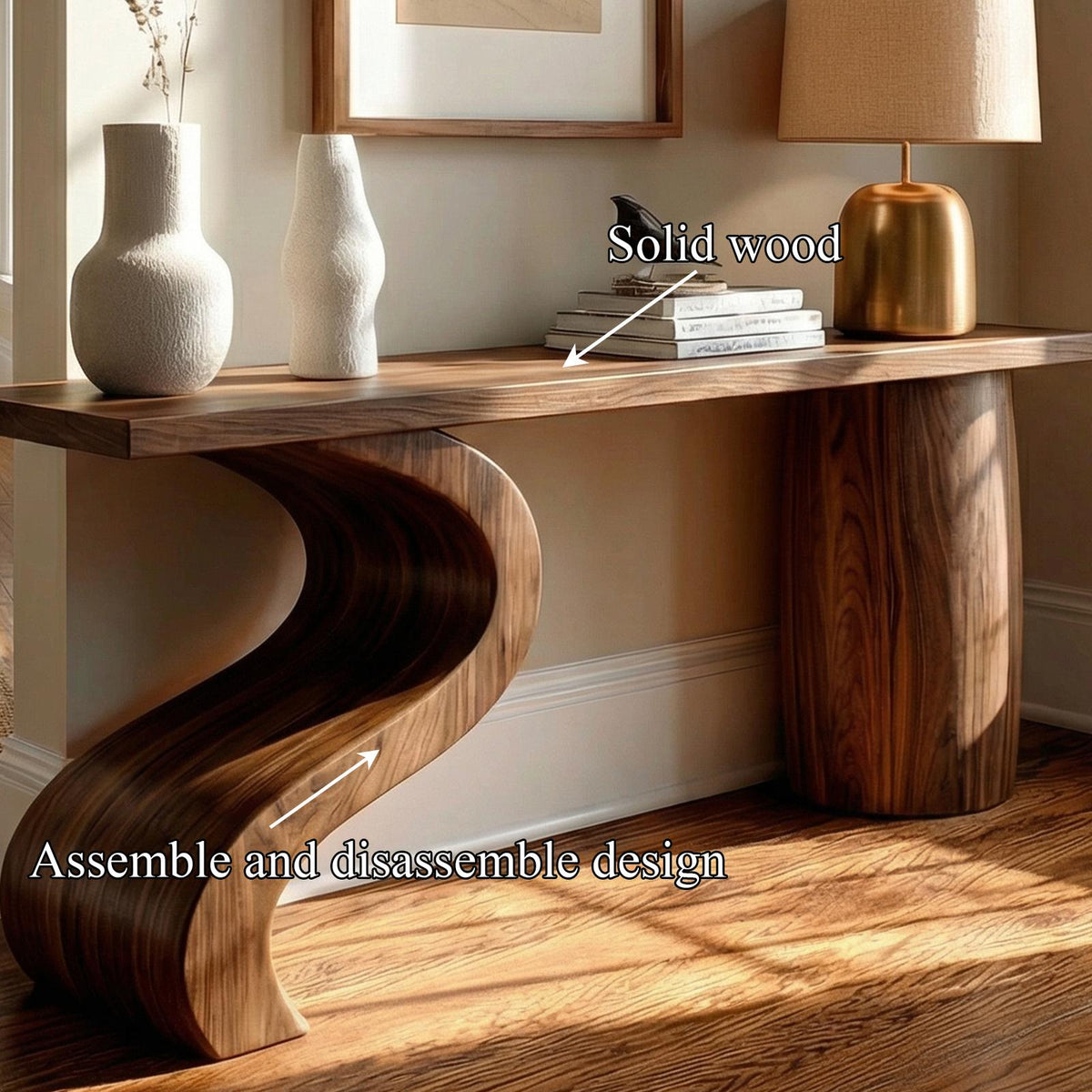 Contemporary Wave Base Wood Console Table, Sculptural Entryway, Hallway & Sofa Back Table