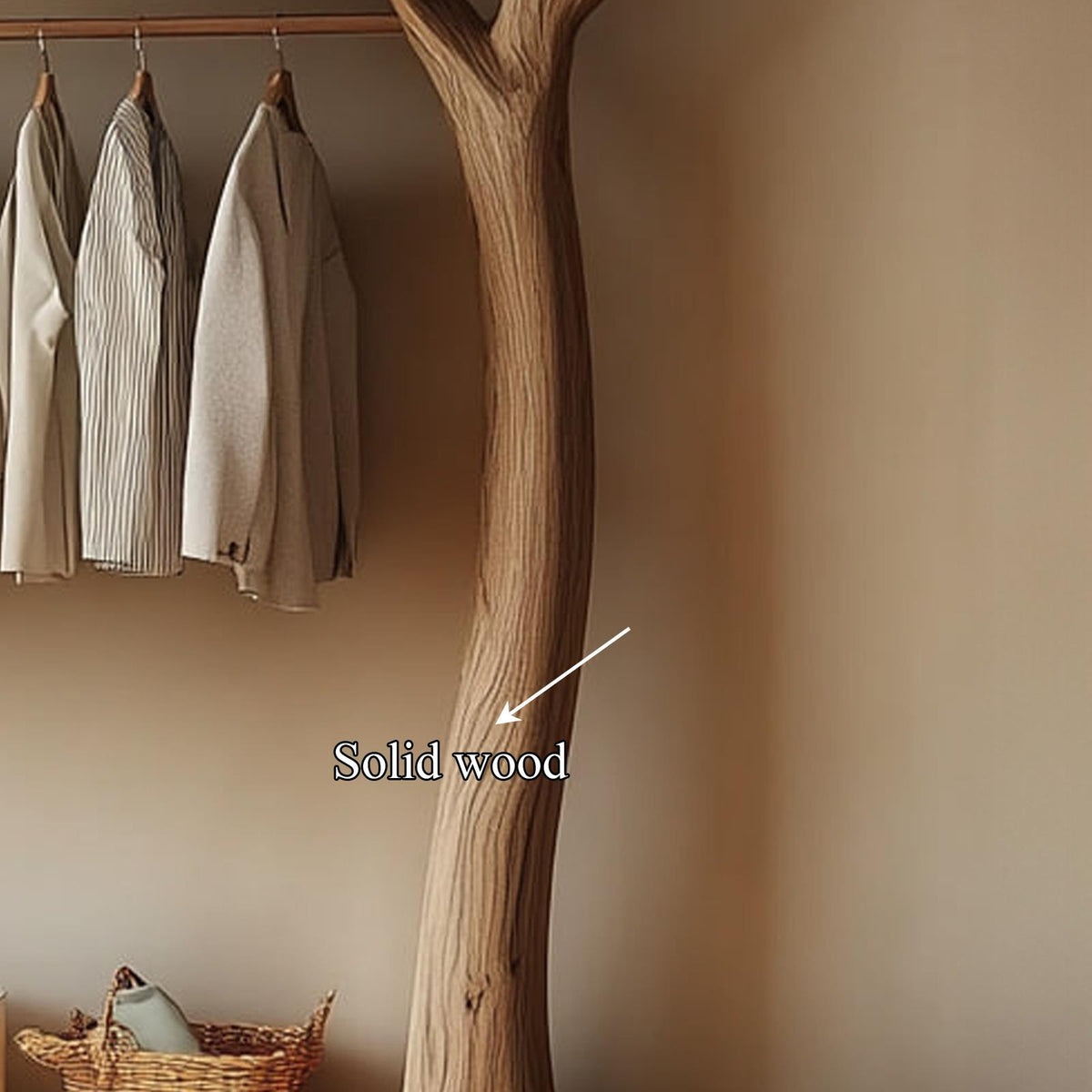 Rustic Tree Wardrobe Rack, Handcrafted Solid Wood Standing Clothes Garment Rack, Natural Branch Bedroom Organizer