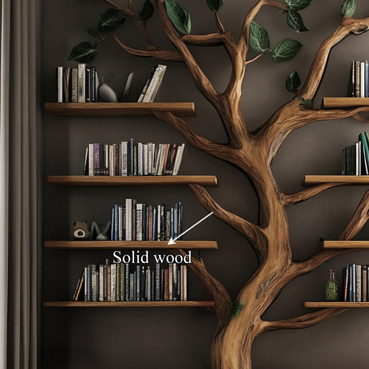 Rustic Tree Shaped Bookshelf, Handcrafted Solid Wood Wall Mounted Bookcase & Floating Display Shelf for Living Room Decor
