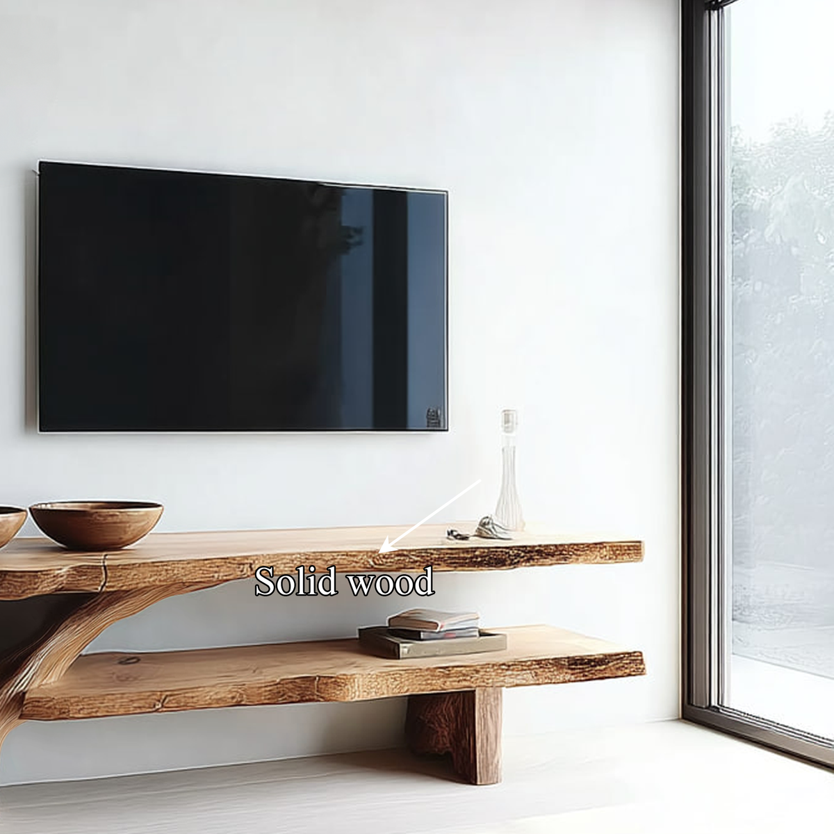 Rustic TV Console Table, Sculpted Solid Wood Base Media Stand, Handcrafted Credenza for Living Room