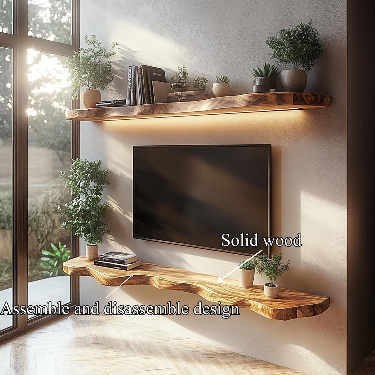 Rustic Sculptural Floating TV Console Shelf Solid Wood Living Room Interior Feature Furniture