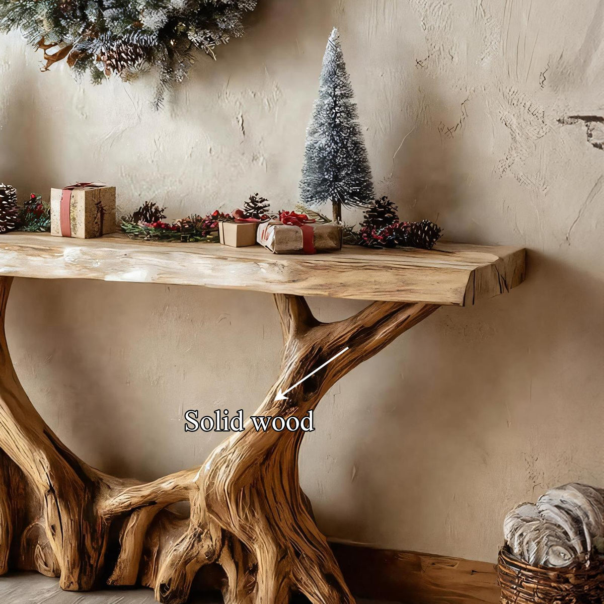 Rustic Sculptural Console Table, Solid Wood Handcrafted Foyer Table, Unique Living Room Holiday Accent Table