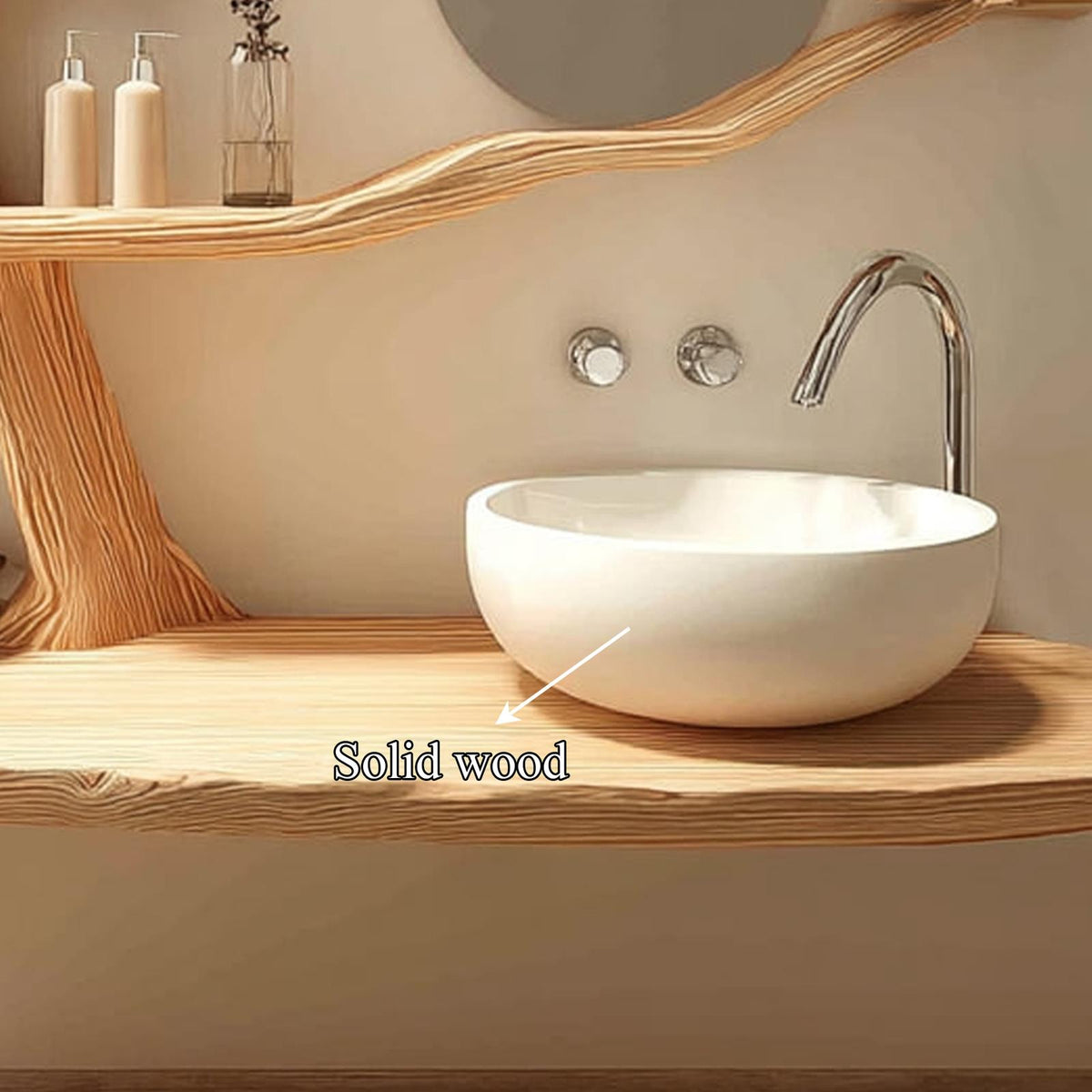 Rustic Organic Tree Trunk Bathroom Vanity, Live Edge Wood Wall Floating Shelf & Sink Console, Model