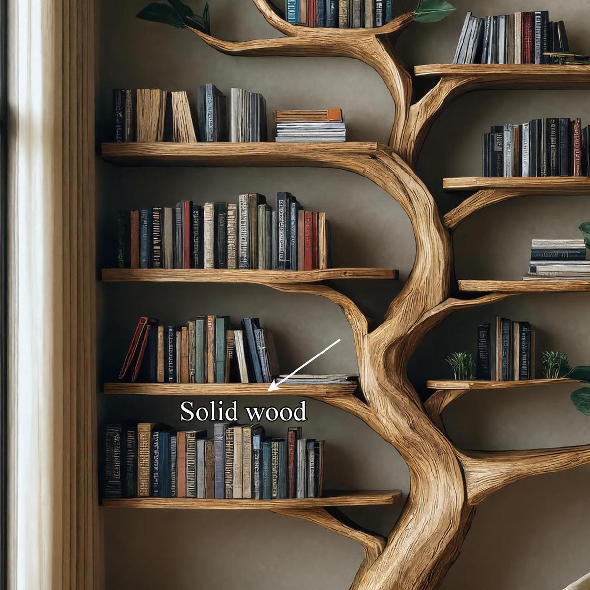 Rustic Branch Bookshelf, Solid Wood Wall Mounted Bookcase & Decorative Floating Organizer for Living Room or Dining Room