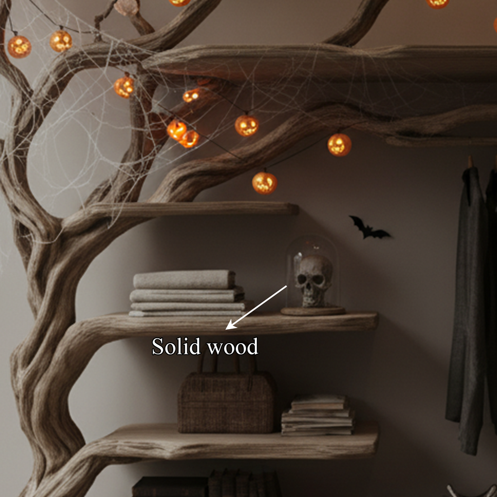 Mid-Century Wooden Tree Wardrobe Shelf, Rustic Branch Coat Rack & Organizer, Spooky Gothic Bedroom Furniture Decor