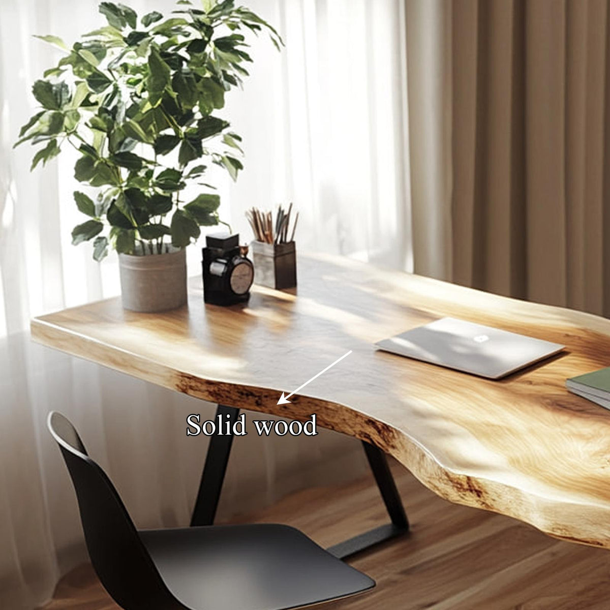 Rustic Live Edge Writing Desk, Solid Natural Wood Computer Table for Home Office, Study & Reading Room Workspace