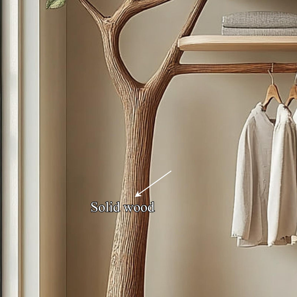 Nature-Inspired Wooden Tree Clothing Rack, Solid Wood Standing Coat Hanger, Modern Bedroom Garment Closet Organizer