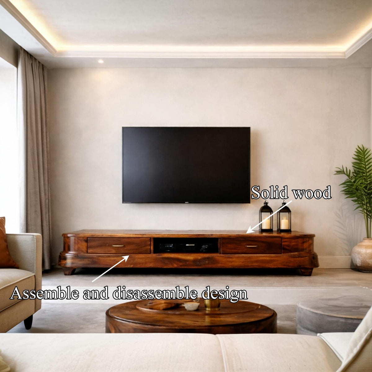 Rustic Handcrafted Solid Wood Media Storage Cabinet, Minimalist TV Console Sideboard Credenza for Living Room
