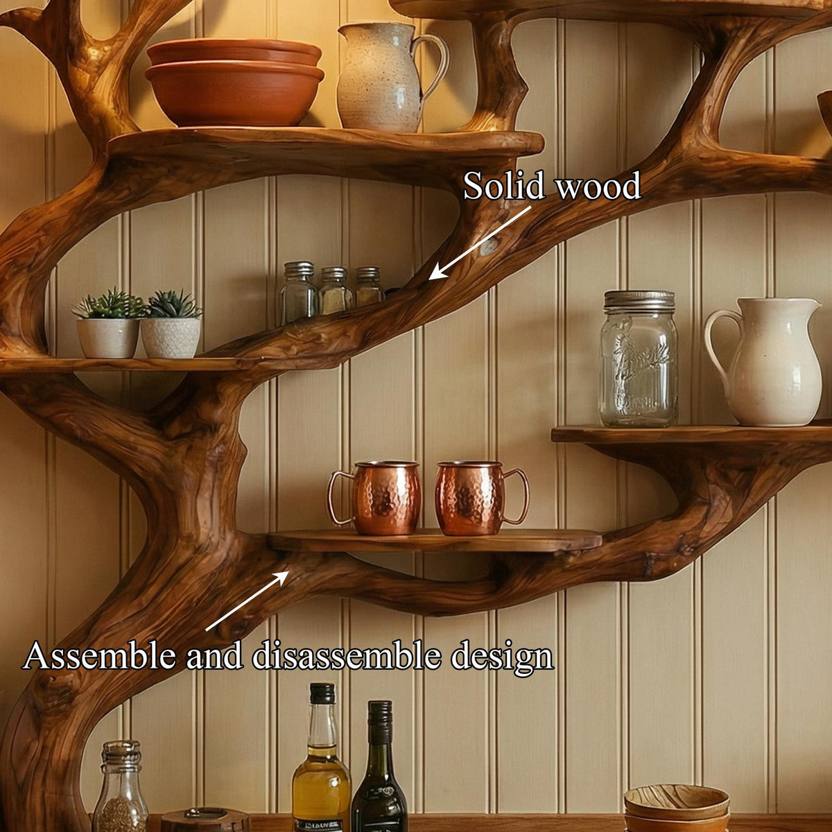 Rustic Tree Branch Wall Shelf Kitchen Storage Display Decor