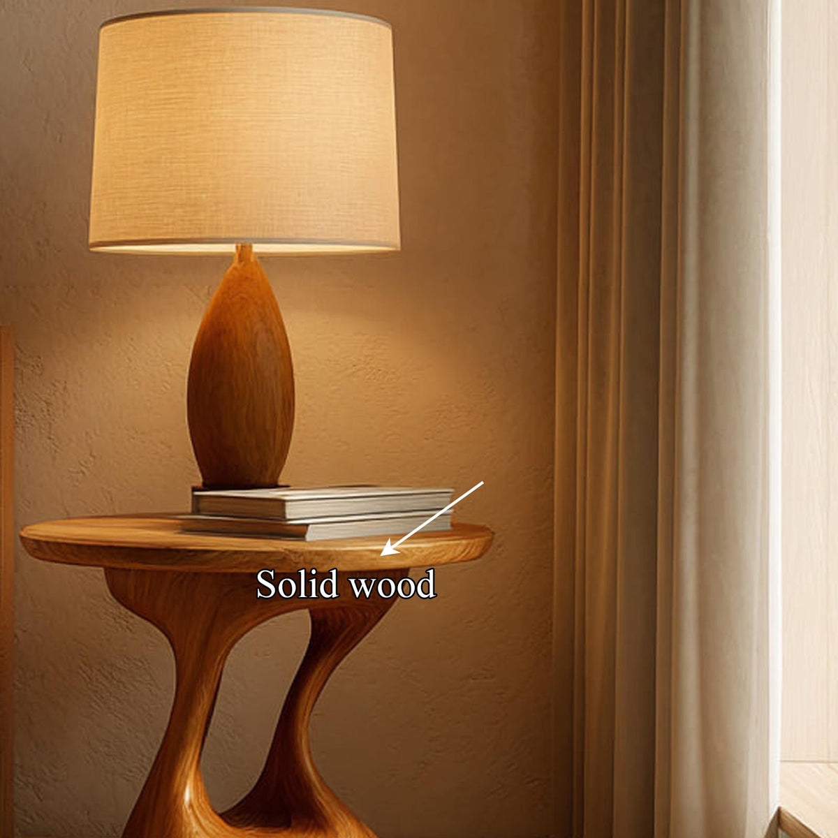 Mid Century Modern Sculptural Bedside Table, Wood Nightstand & Accent End Table for Bedroom, Living Room Decor