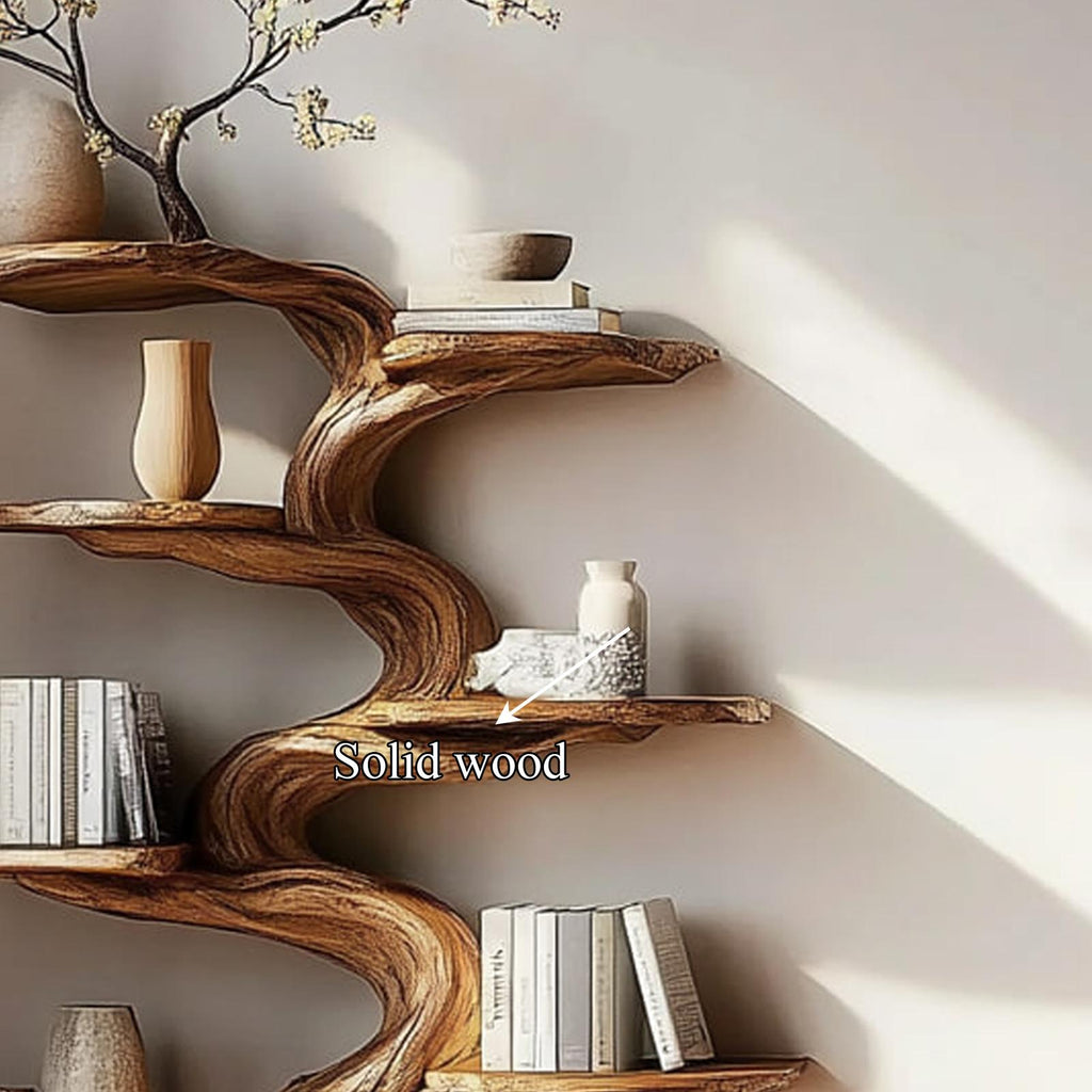 Rustic Tree Inspired Wooden Wall Shelf, Floating Branch Bookshelf & Storage Organizer Rack for Home Office Decor