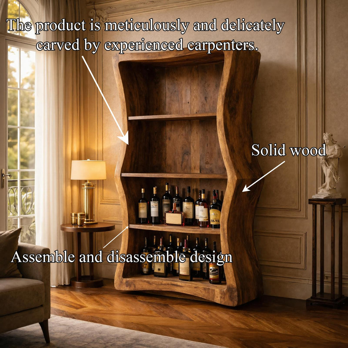 Spry Interior Organic Modern Sculptural Wood Display Bar Cabinet, Handcrafted Credenza Sideboard Liquor Storage for Living Room, SINLKISC445