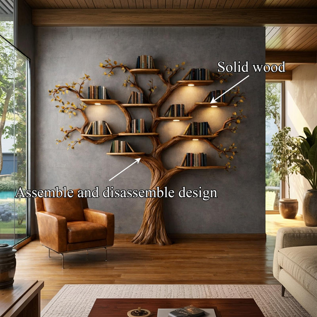 Rustic Wood Tree Bookshelf, Sculptural Handcrafted Wall Mounted Statement Branch Bookcase for Cozy Living Room