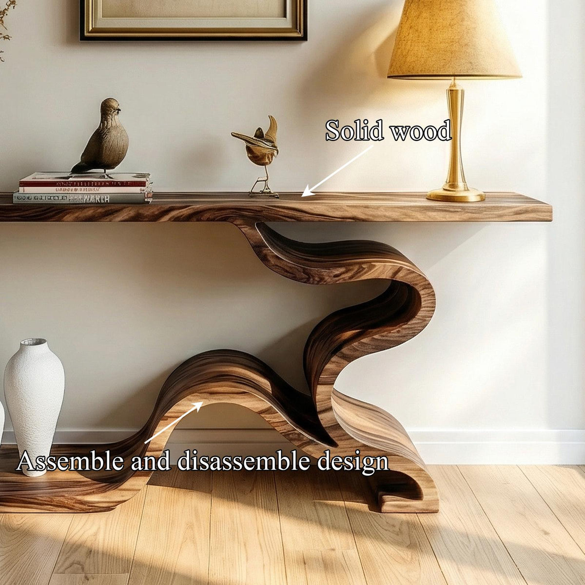 Sculptural S-Curve Wood Console Table, Handcrafted Sofa Back & Entryway Accent Table