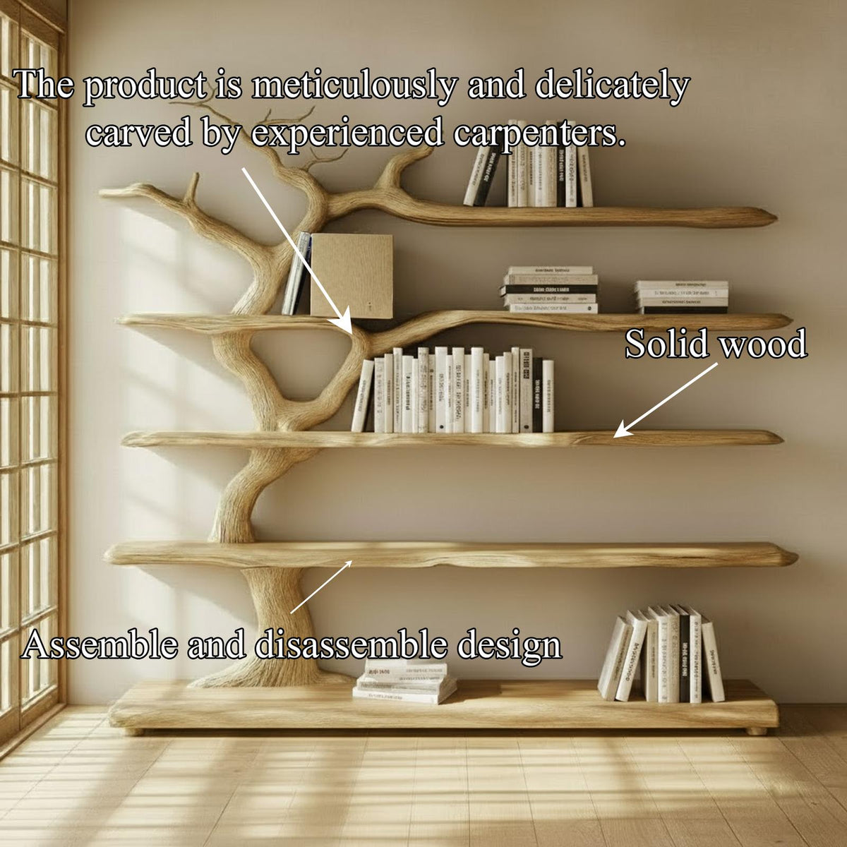 Rustic Organic Decorative Tree Shelf, Solid Wood Branch Bookshelf & Artistic Storage Display for Reading Room, Lounge