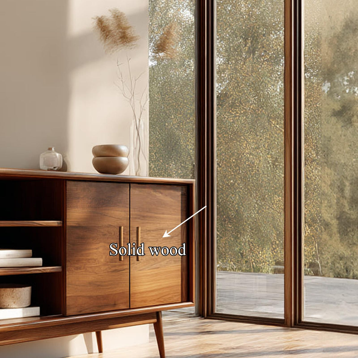 Spry Interior Mid Century Modern Wooden Display Cabinet, Glass Door Bookcase Storage Credenza for Living Room, Model SINLKISC252