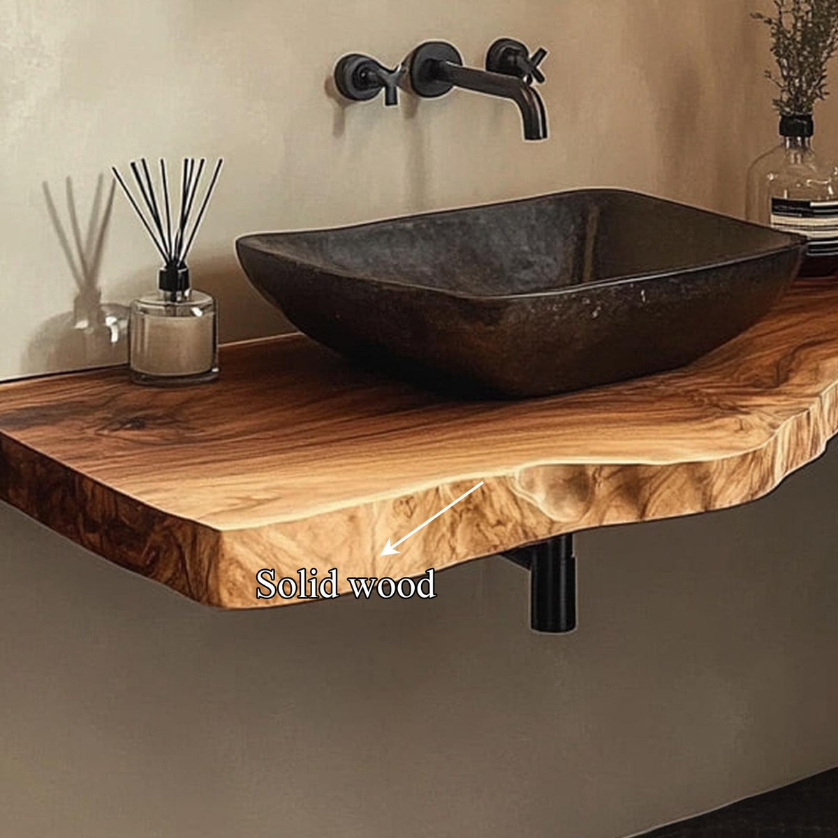 Spry Interior Mid Century Floating Bathroom Vanity Shelf, Contemporary Natural Solid Wood Single Washstand, Wall Mount Storage Console SINLKIBRV221