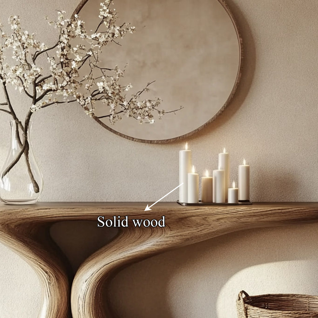 Rustic Entryway Table, Smooth Sculptural Solid Wood Form, Luxury Foyer Welcome Console Table