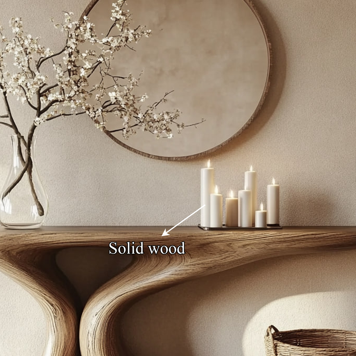 Rustic Entryway Table, Smooth Sculptural Solid Wood Form, Luxury Foyer Welcome Console Table