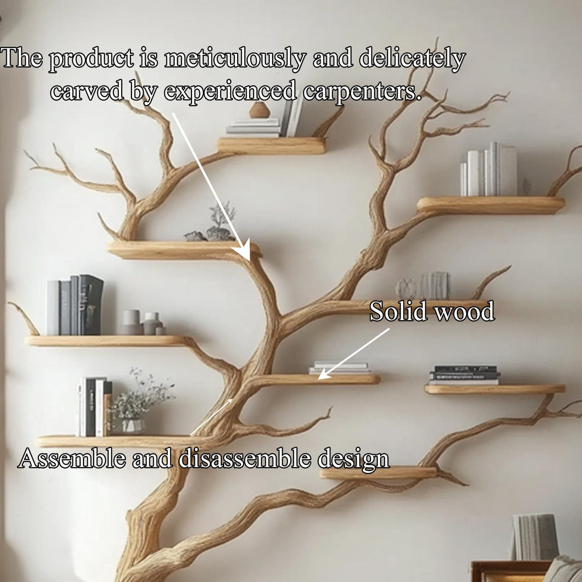 Rustic Handcrafted Wood Tree Wall Bookshelf, Floating Branch Mounted Bookcase Statement Piece for Living Room Decor