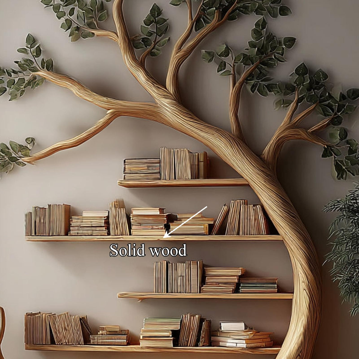 Rustic Branch Bookshelf, Solid Wood Wall Mounted Bookcase & Artistic Hanging Storage Unit for Living Room or Bedroom