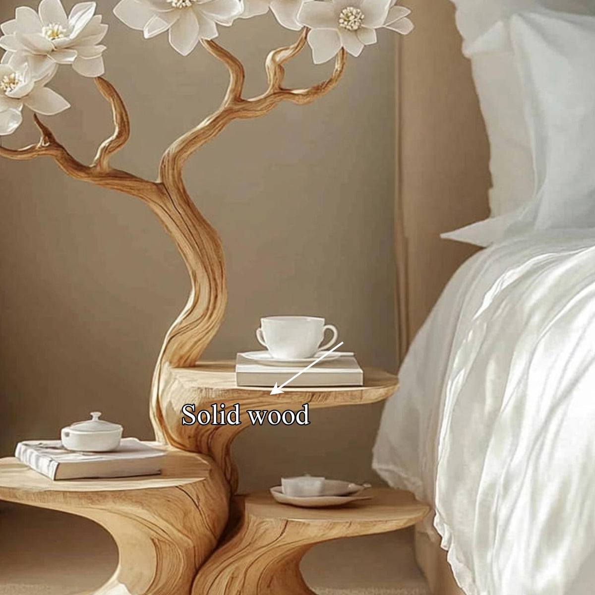 Handcrafted Rustic Flower Tree Bedside Table, Creative Wood Nightstand & Accent End Table for Bedroom, Entryway