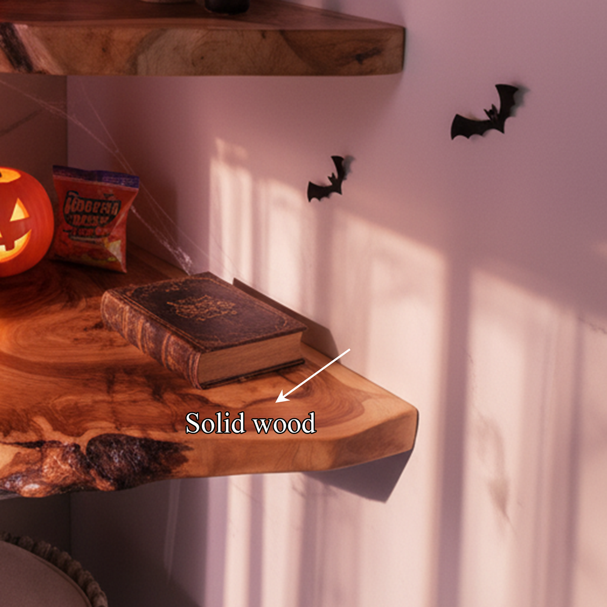 Mid-Century Floating Shelf, Rustic Wooden Tree Branch Wall Mounted Accent Shelf, Spooky Halloween Living Room Decor