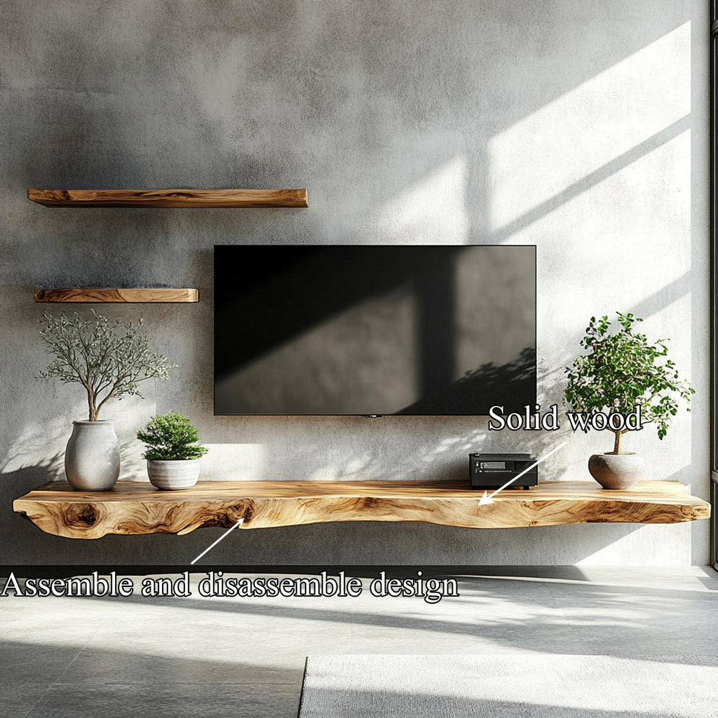 Rustic Wall Mounted TV Shelf, Floating Solid Wood Media Console & Entertainment Storage for Living Room