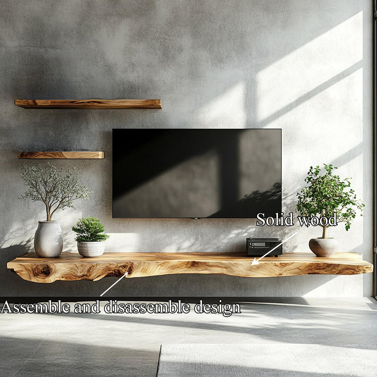 Rustic Wall Mounted TV Shelf, Floating Solid Wood Media Console & Entertainment Storage for Living Room