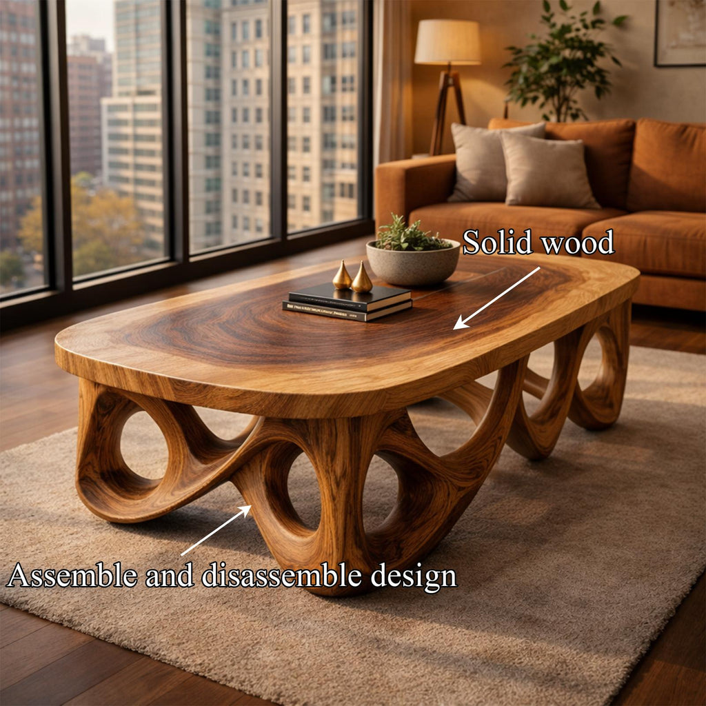 Spry Interior Urban Sculpted Solid Wood Coffee Table, Flowing Arch Base Modern Center Table for Living Room Home Decor, SINLKICF301