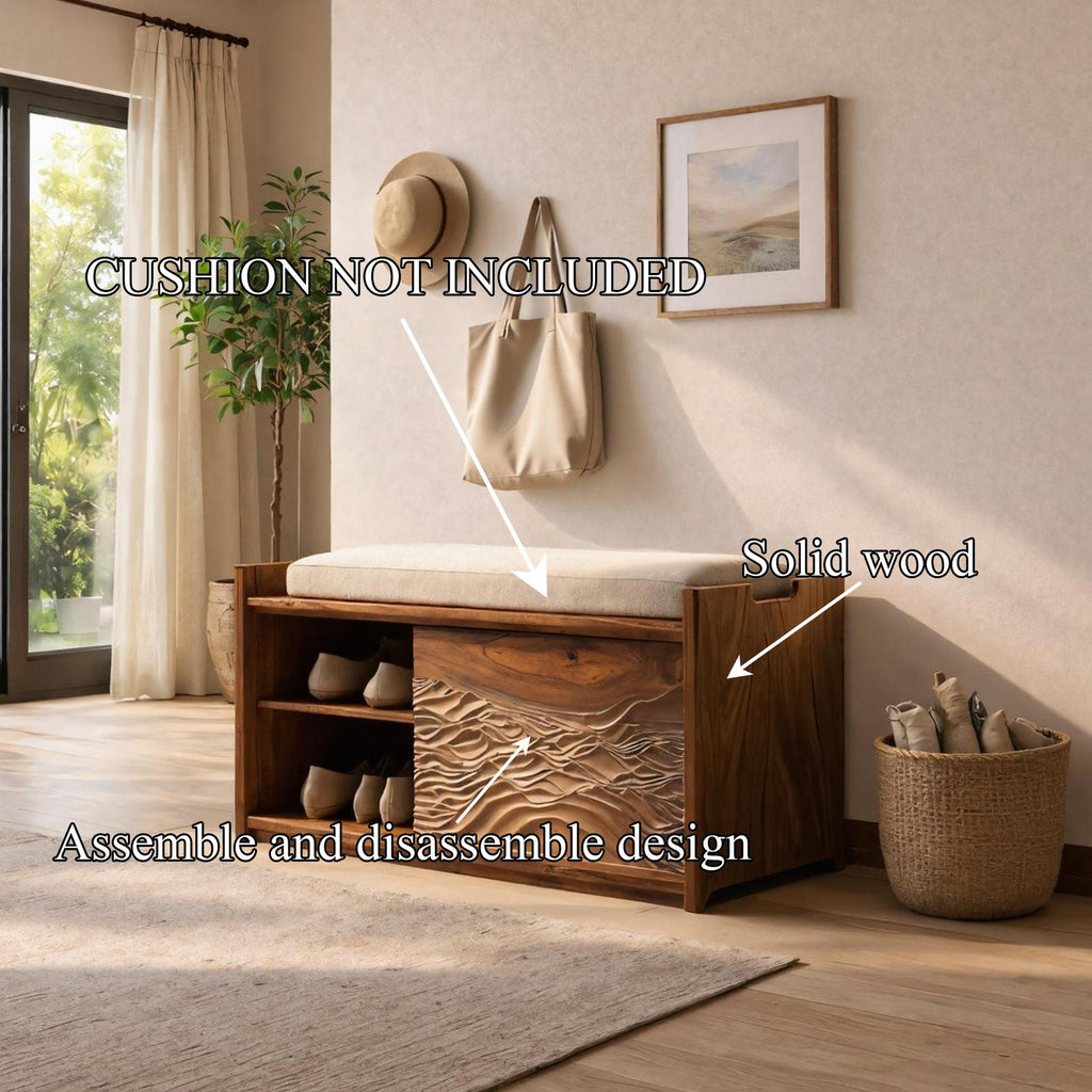 Rustic Sculptural Storage Bench, Handcrafted Wood Entryway Seating & Toy Box Chest