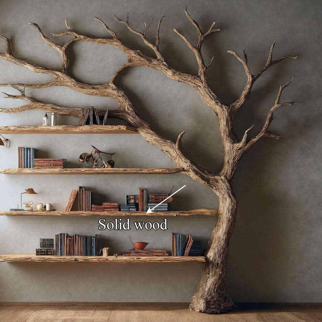 Rustic Wall Mounted Tree Shelf, Solid Wood Floating Bookcase & Artistic Hanging Organizer Unit for Living Room Wall Decor