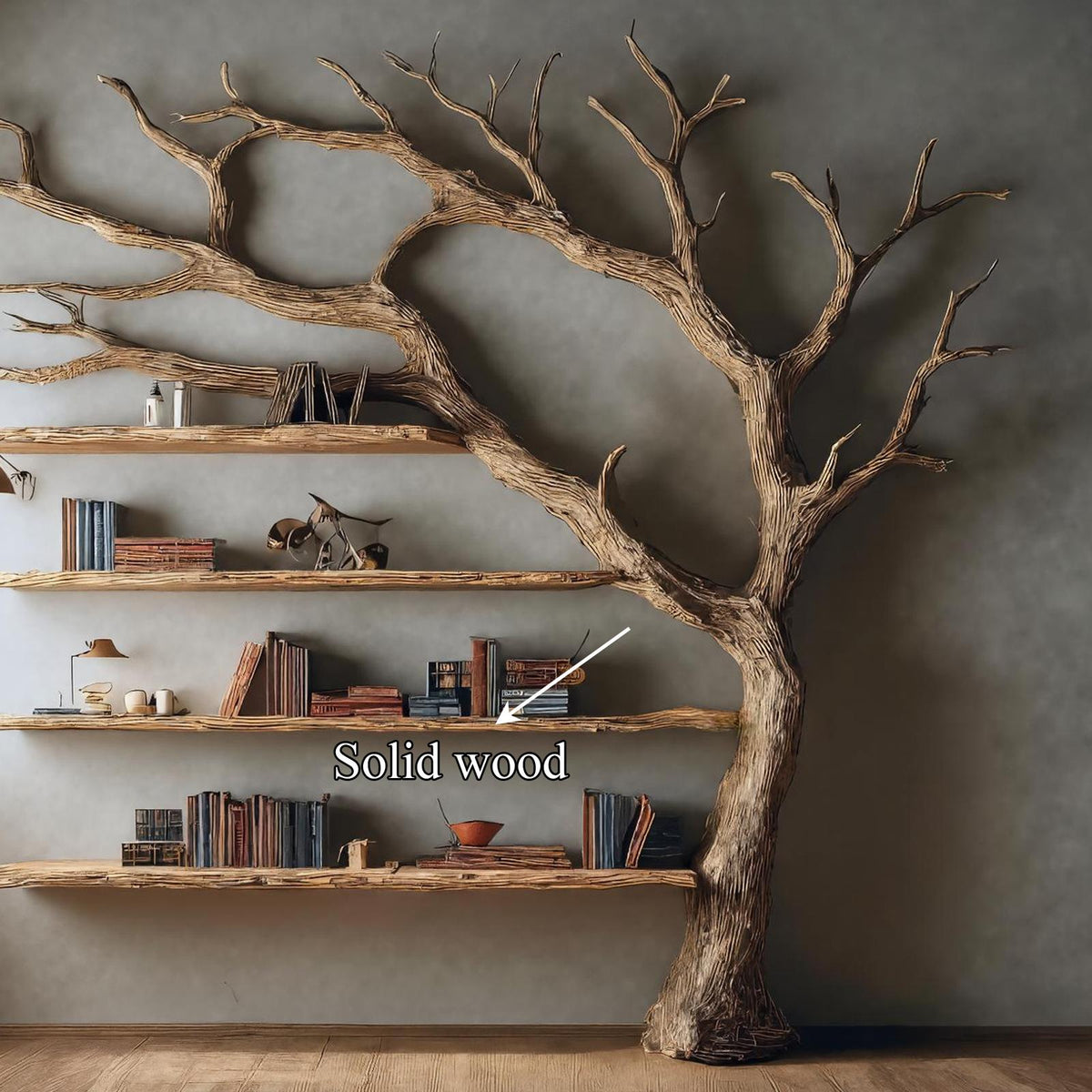 Rustic Wall Mounted Tree Shelf, Solid Wood Floating Bookcase & Artistic Hanging Organizer Unit for Living Room Wall Decor
