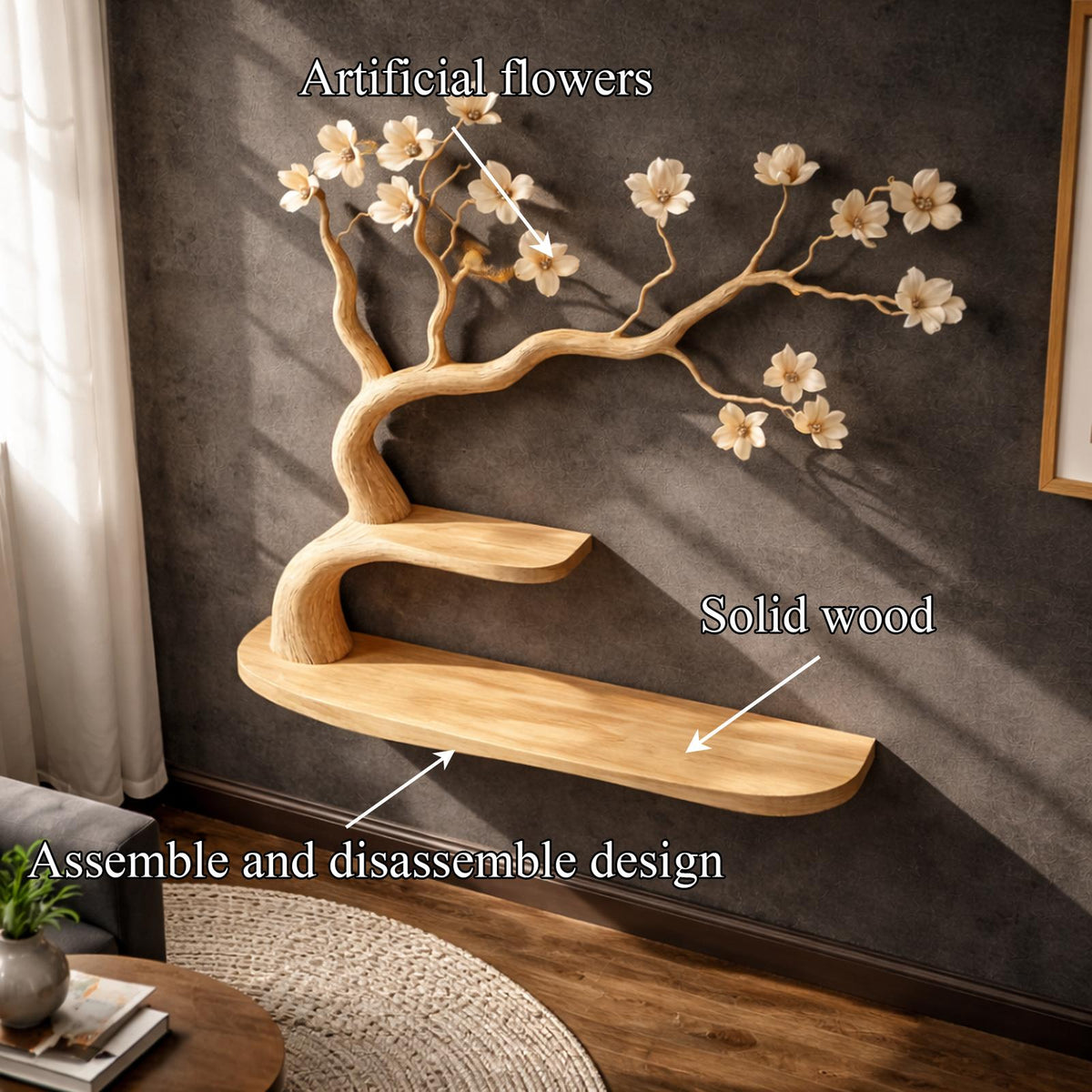 Rustic Artistic Tree Bookshelf Wall Decor, Handcrafted Wood Branch Library Storage Shelf for Reading Nook